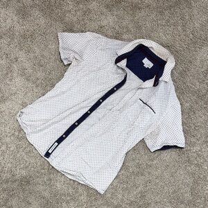 Men's White Short-Sleeve Button-Up Shirt with Navy Trim